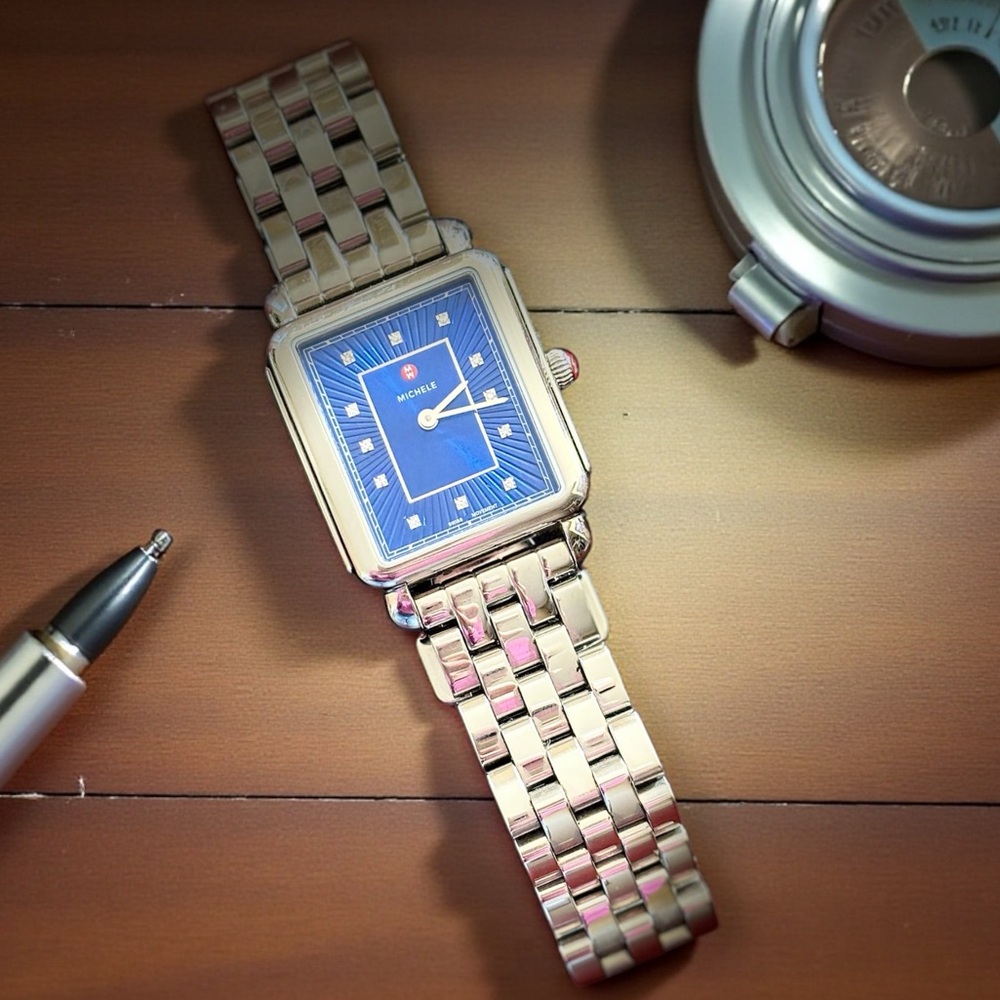 MICHELE Women's Deco II Blue Dial Bracelet w/Diamond Markers - Picture 9 of 10